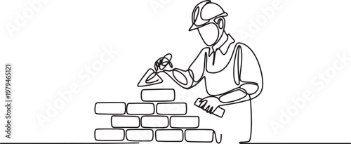 Continuous one line art of repairman building brick wall. Construction worker in uniform and helmet doing work One line draw graphic design vector
