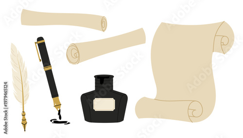Old parchment scroll with ink bottle, feather pen and writing elements. For historical themes, storytelling, invitations and decorative design.