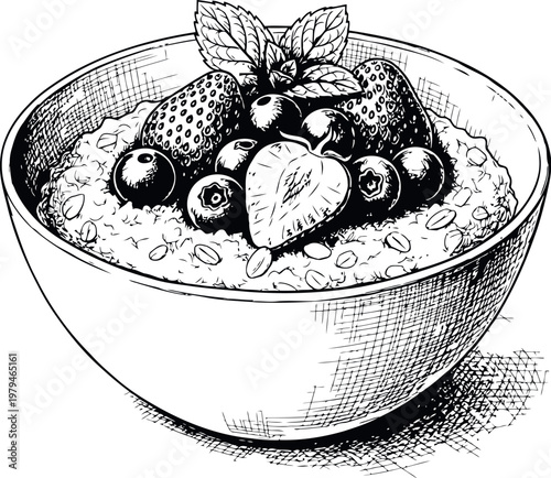 A detailed black and white sketch illustration of a healthy breakfast bowl filled with berries