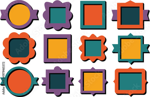 Set of twelve colorful stylized photo frames and borders on a white background photo album design element graphic design decorative elements photo frame picture frame colorful collection