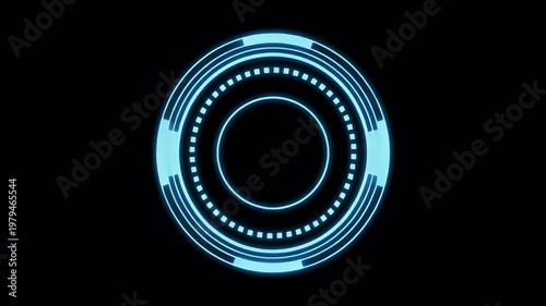 A futuristic blue circle graphic with glowing lines and dots on a black background.