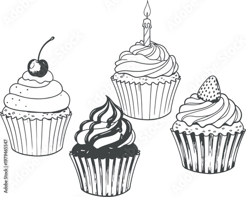 A collection of four delicious cupcakes decorated with various toppings for a coloring book page