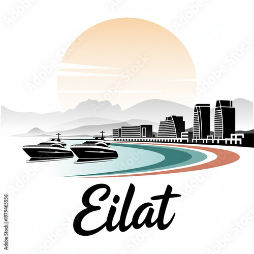 Eilat Israel Skyline Silhouette Vector – Red Sea Resort City & Desert Mountains Coastal Illustration