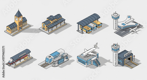 Collection of isometric buildings and structures in a clean design.