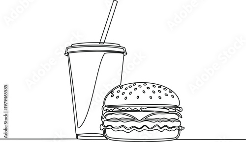 A single continuous line drawing of a delicious hamburger and a refreshing drink with a straw
