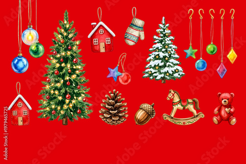 A delightful arrangement of Christmas elements including trees ornaments and toys on a bright red backdrop perfect for holiday designs and greeting cards.
