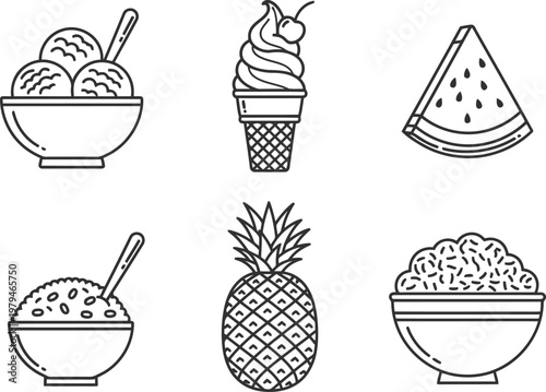 A collection of black and white line art illustrations depicting various summer food desserts.