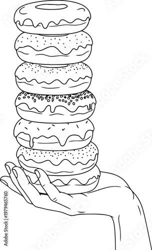 A detailed black and white line art illustration of a hand holding a tall stack of glazed donuts