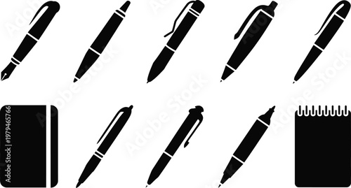 Group of pen and notebook silhouettes on white background with writing instrument office supply isolated on white flat lay notebook silhouette collection stationery illustration business