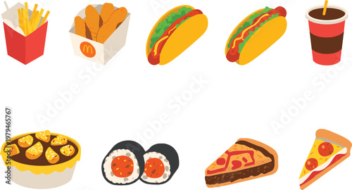 Assortment of popular fast food items arranged in a clean graphic style