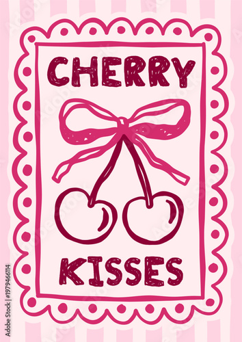 Whimsical Valentines Day vintage vector card design. Retro love romantic pink poster with cherry illustration in coquette frame on striped background