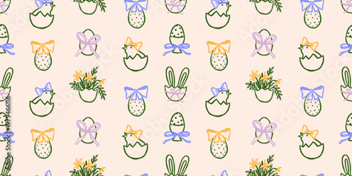 Coquette Easter vector seamless pattern. Spring holidays wrapping paper design with eggs, flowers illustrations