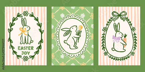 Coquette spring Easter vector cards set. Vintage retro cottagecore print designs with bunny illustration in whimsical frames
