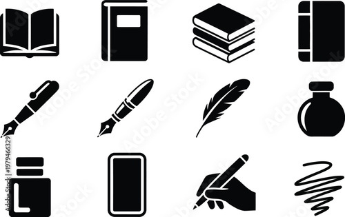 Writing and reading icons: books pens quill inkwell hand and notes with closed book fountain pen black and white open book scribble notebook literature education knowledge creativity