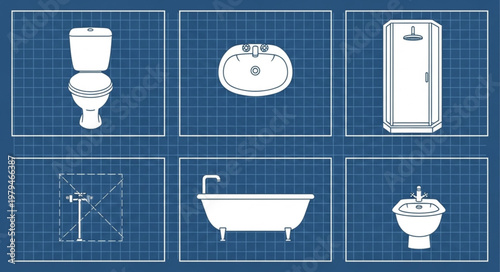Bathroom Fixtures Blueprint Design Elements Collection.