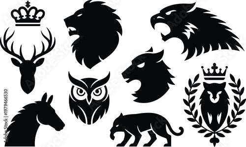 Heraldic animal silhouettes: crowned stag lion eagle wolf panther owl horse with black and white coat of arms silhouette heraldry feathers wildlife illustration mythology strength