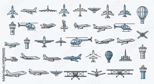 Collection of various aircraft and air traffic control towers.