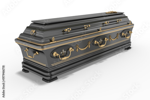3d Luxus Hochglanz Sarg aus Edelholz in schwarz und gold, isoliert auf transparentem Hintergrund.
