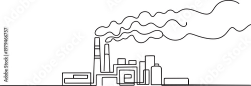 Factory architecture buildings and landmark. Air pollution ecology concept One line draw graphic design vector