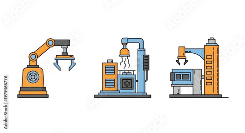 Industrial robotic arms and manufacturing machinery illustration.