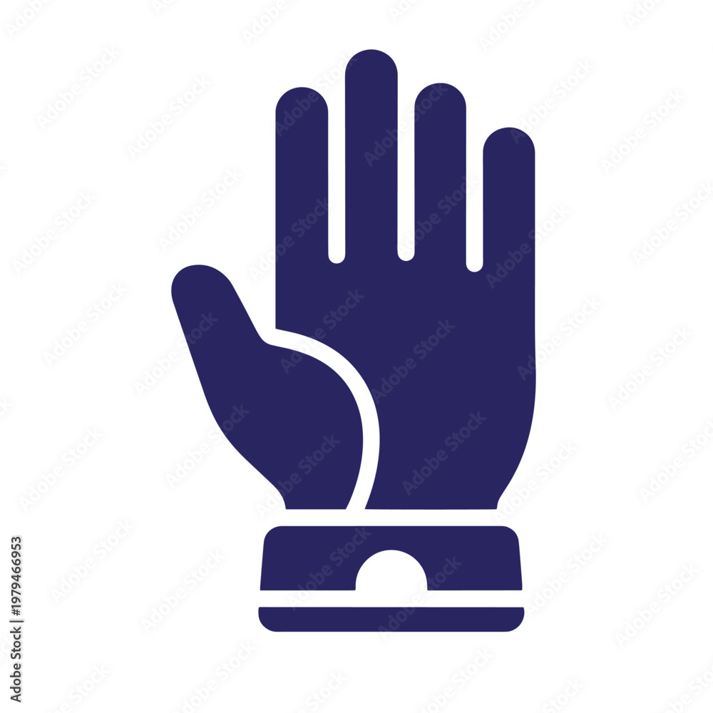 Obraz premium Dark blue flat of a human hand with a wrist cuff, palm facing forward, isolated on a white background