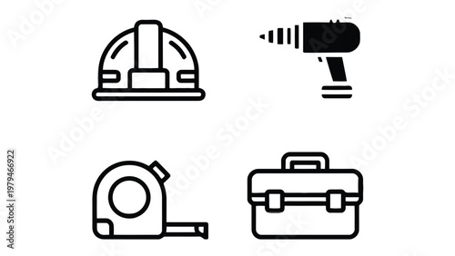 Essential Tools: Minimalist vector illustrations of indispensable construction tools, meticulously designed to convey clarity and precision. The set includes a hard hat, power drill, measuring tape.