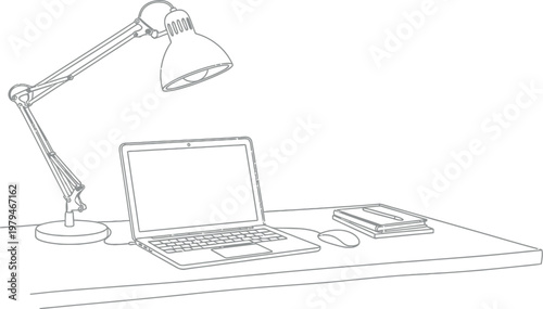 Minimalist line art drawing of a modern laptop computer positioned next to a classic adjustable desk lamp on a simple flat workspace surface area designed for professional business and student tasks