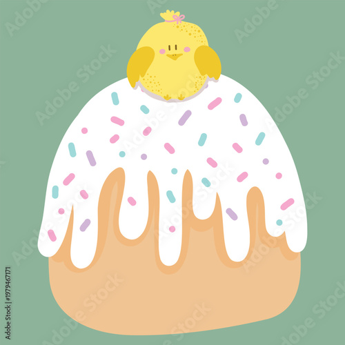 Easter cake with cute chick cartoon illustration isolated. Simple flat illustration for holiday design, greeting cards, stickers, kids products and spring themes.