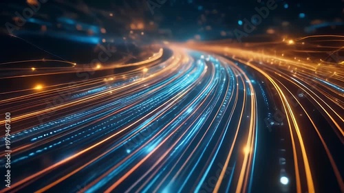 Abstract visualization of fast-moving data streams and glowing light trails.