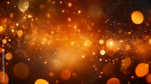 Abstract background with glowing orange bokeh lights and sparkles.