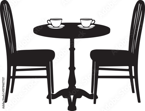Silhouette of a round cafe table with two chairs and tea cups on a white background.