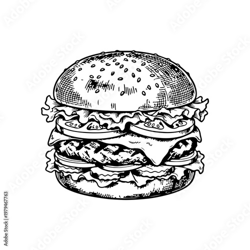 Hand Drawn Burger Sketch Detailed Vintage Fast Food Illustration Black and White