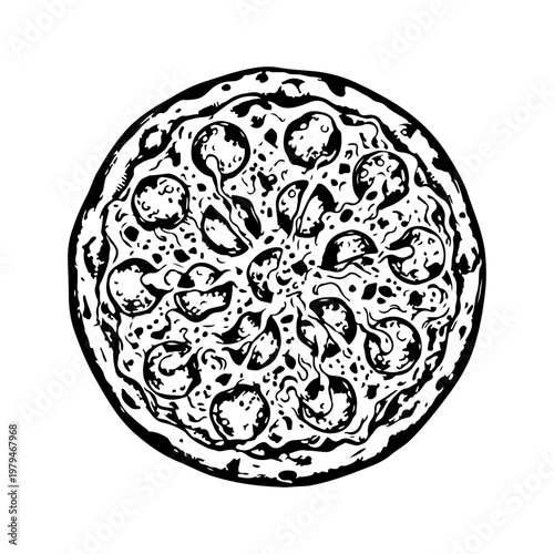 Hand Drawn Pizza Sketch Illustration Top View Black and White Vintage Style