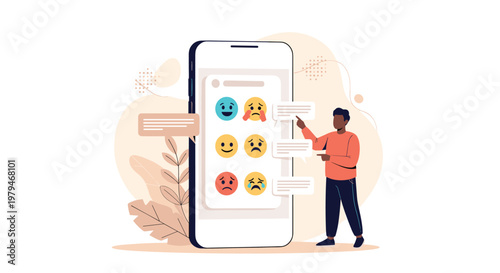 Customer feedback and emotion survey concept with a person selecting different emoji faces on a large digital screen.