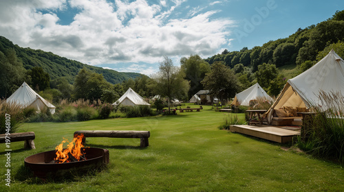 Luxury glamping tents in scenic outdoor landscape