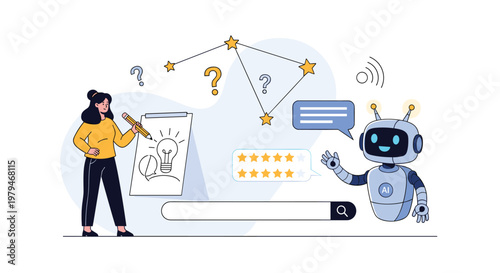 Artificial intelligence and creative brainstorming concept showing a woman sketching ideas next to a helpful AI robot assistant.