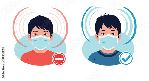 Public health safety guidance showing the correct and incorrect ways for children to wear protective facial masks.