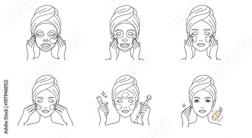 Comprehensive step by step facial skincare guide in line art style showing application of creams and beauty tools.