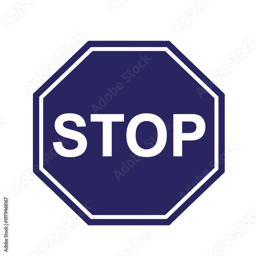 Dark blue octagonal stop sign with a white border and bold white text isolated on a white background