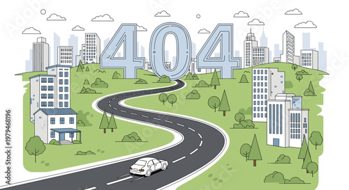 Creative website 404 error page design showing a long winding road leading to a large city skyline background.