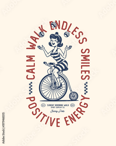 Vintage Illustration of a Juggling Woman on a Penny-Farthing Bic