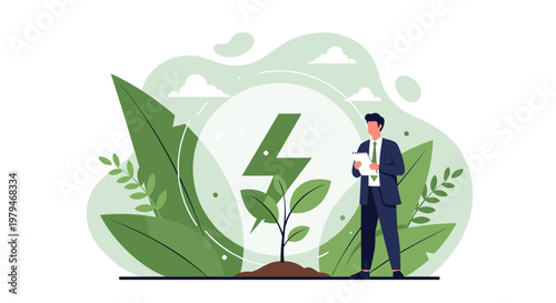 Green energy and sustainability concept showing a businessman reviewing environmental goals next to a seedling.