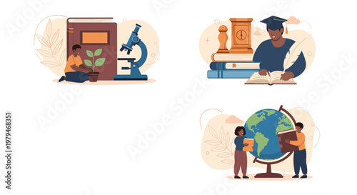 Diverse education and learning concepts featuring students studying books, exploring the globe, and growing a plant.