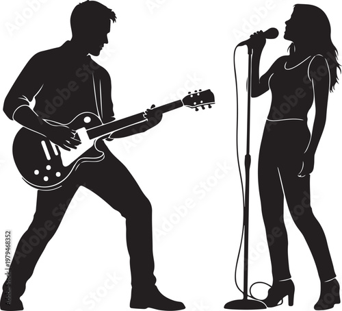 Rock Music Duo Silhouette – Female Singer and Male Guitarist Performing vector.