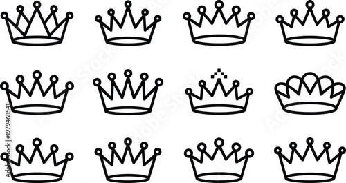 Twelve simple black crown line drawings with princely crown black and white hand drawn illustration authority sovereign princely ceremony embellishment heraldry nobility aristocracy