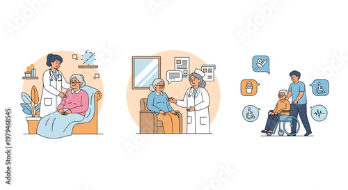 Set of three illustrations showing a female doctor providing medical care to elderly patients at home and in a clinical setting.