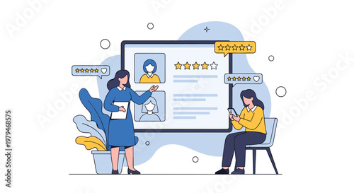 Two young women using digital devices to check online reviews and customer ratings displayed on a large screen in a modern office.