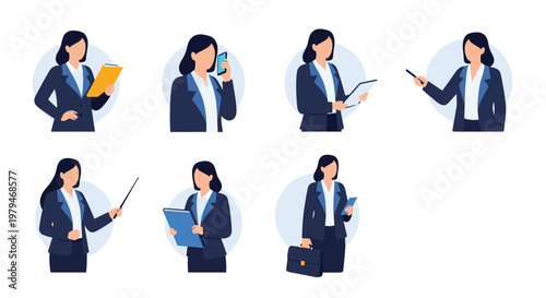 Set of business icons showing a professional woman in various poses like talking on the phone, holding folders, and giving presentations.