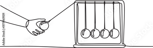 Simple continuous line drawing Newton cradle pendulums kinetic balls hand pulling one. Subjects concept in school and university. One line draw graphic design vector
