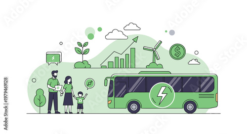 Modern electric bus traveling through a sustainable green city with a family standing nearby and renewable energy symbols in background.